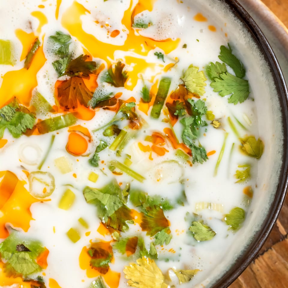 Creamy Thai soup with green onions, cilantro, and orange chili oil in a dark bowl.